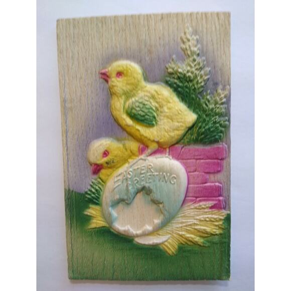 Vintage Easter Postcard Thick 3-D Raised Image Big Egg Two Chicks Pastel Unused - Picture 5 of 5